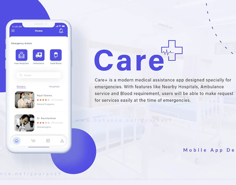 Behance project cover for Care+(Modern Medical Assistance App).